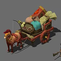 Horse Drawn Carriage with Red Mane Horse Loaded with Bags Barrels and Blue Cloth