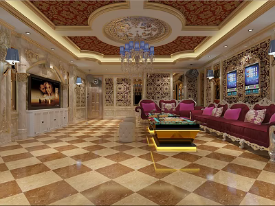 Luxurious KTV Interior With Purple Sofas Pool Table Chandelier And Patterned Floor 3d model