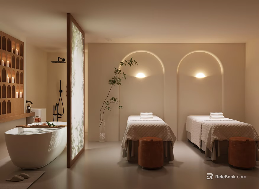 Beauty Salon Interior With Two Massage Beds Bathtub Soft Lighting And Arched Walls 3d model 