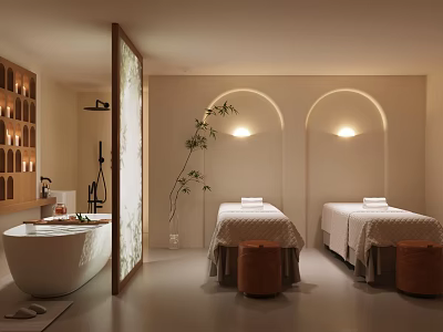 Beauty Salon Interior With Two Massage Beds Bathtub Soft Lighting And Arched Walls 3d model