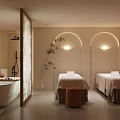 Beauty Salon Interior With Two Massage Beds Bathtub Soft Lighting And Arched Walls