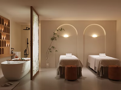 Beauty Salon Interior With Two Massage Beds Bathtub Soft Lighting And Arched Walls 3d model