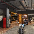 Modern Motorcycle Showroom Interior With Multiple Motorcycles Tables Chairs And Wall Decorations