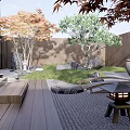 Japanese Zen Garden With Rockery Stones Moss Sand And Wooden Platform