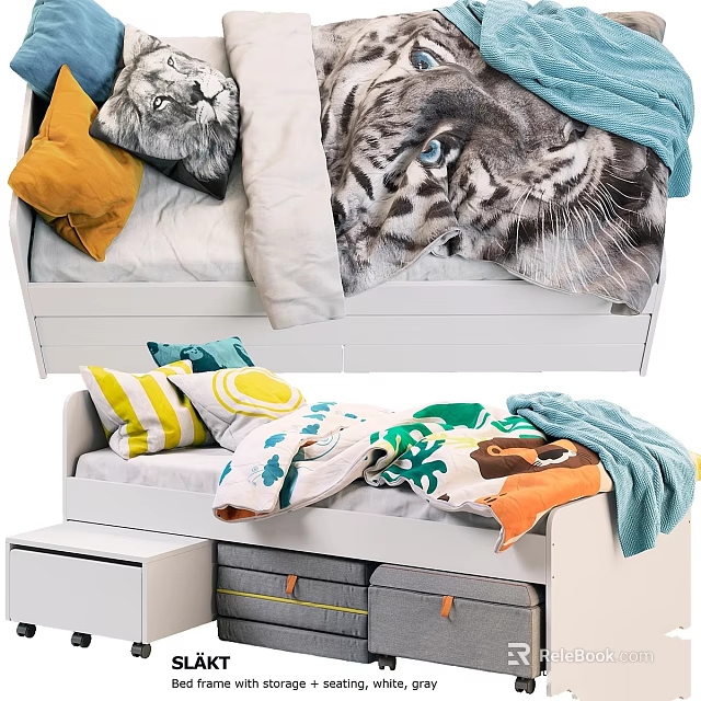 Colorful Kids Bed With Patterned Pillows Soft Blankets And Storage Drawers 3d model