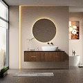 Modern Bathroom Interior With Round Backlit Mirror White Sink And Wooden Bathroom Cabinet