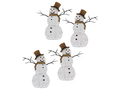 Four Snowman Ornament Set With Brown Hats Scarves Twig Arms And Button Eyes 3d model