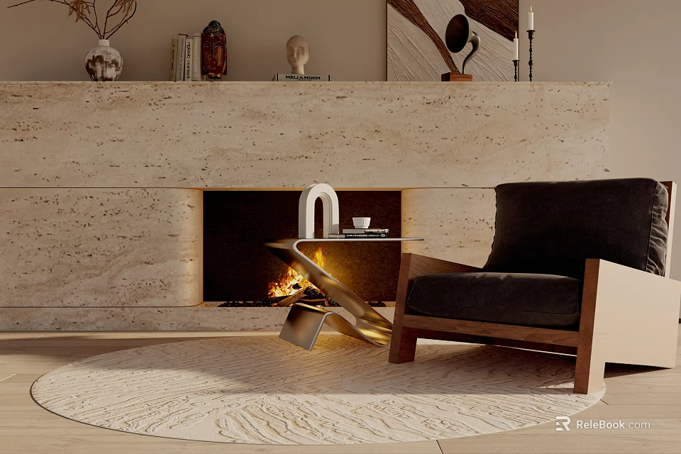 Single Sofa in Modern Living Room with Fireplace Side Table and Area Rug 3d model 