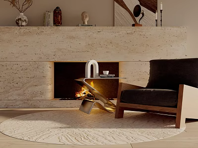 Single Sofa in Modern Living Room with Fireplace Side Table and Area Rug 3d model
