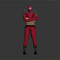 Game Movie Character In Red Costume With Mask Golden Chest Armor And Katanas On Back