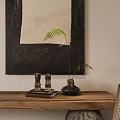 Natural Wooden TV Stand In Minimalist Living Room With Decorative Stone Pottery And Wall Art