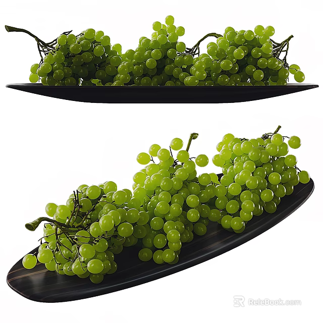 Bunches of Fresh Vibrant Green Grapes Arranged on Black Plates 3d model 