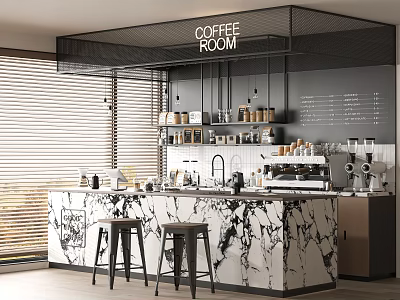 Coffee Room Interior With Marble Countertop Coffee Machine And Bar Stools 3d model
