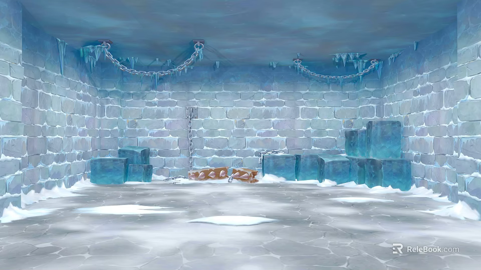 Ice And Snow Indoor Scene With Ice Brick Walls Icicle Decorations Seats And Sleds 3d model 