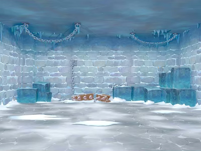 Ice And Snow Indoor Scene With Ice Brick Walls Icicle Decorations Seats And Sleds 3d model