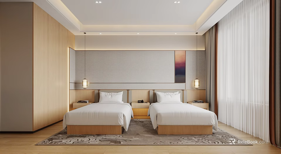 Modern Hotel Guest Room Featuring Twin Beds Wooden Elements Gray Walls And Decorative Painting 3d model 
