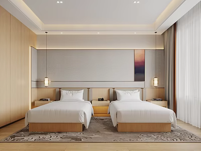 Modern Hotel Guest Room Featuring Twin Beds Wooden Elements Gray Walls And Decorative Painting 3d model