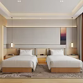 Modern Hotel Guest Room Featuring Twin Beds Wooden Elements Gray Walls And Decorative Painting