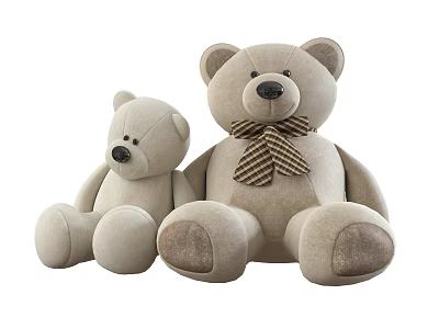 Large and Small Beige Teddy Bears with Plaid Bow Tie Sitting Together Against White Background 3d model
