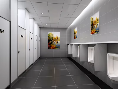 Public Restroom Modern Interior With Clean Design White Cubicles Urinals And Decorative Paintings 3d model