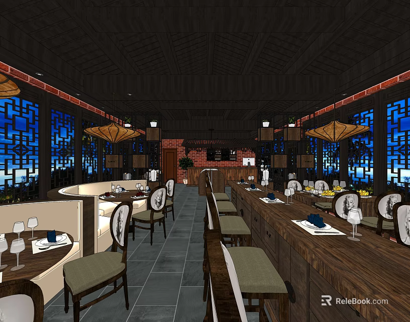 Traditional Chinese Restaurant Interior With Wooden Structure Lanterns And Blue Patterned Windows 3d model 