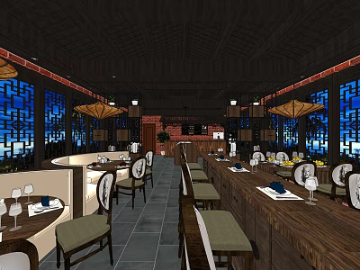 Traditional Chinese Restaurant Interior With Wooden Structure Lanterns And Blue Patterned Windows 3d model