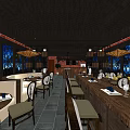 Traditional Chinese Restaurant Interior With Wooden Structure Lanterns And Blue Patterned Windows 3d model