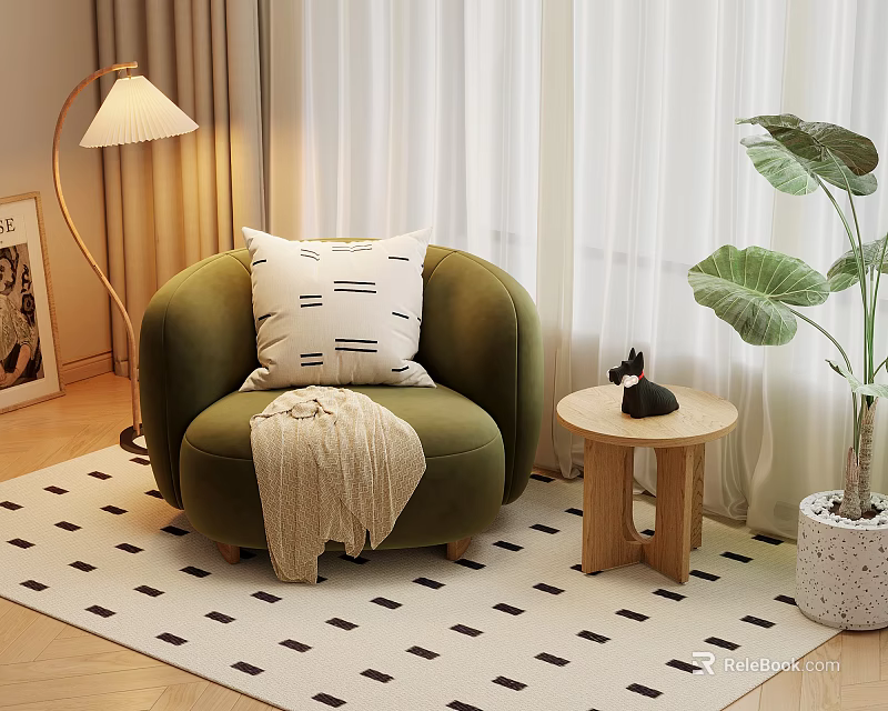 Cozy Modern Living Nook With Green Armchair White Pillow Beige Blanket And Wooden Side Table 3d model 