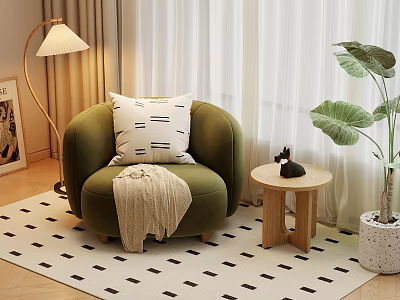 Cozy Modern Living Nook With Green Armchair White Pillow Beige Blanket And Wooden Side Table 3d model