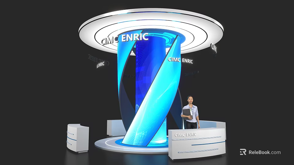 Modern Exhibition Booth Design With CINE ENRIC Logo Blue Column And Reception Desk 3d model 