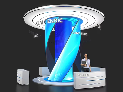 Modern Exhibition Booth Design With CINE ENRIC Logo Blue Column And Reception Desk 3d model
