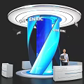 Modern Exhibition Booth Design With CINE ENRIC Logo Blue Column And Reception Desk