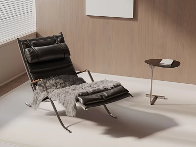 Modern Black Lounge Chair With Fur Blanket Small Round Side Table Wooden Wall And Blinds 3d model