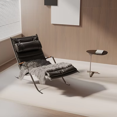 Modern Black Lounge Chair With Fur Blanket Small Round Side Table Wooden Wall And Blinds 3d model