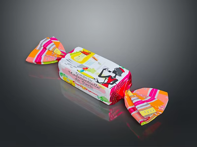 Colorful Candy With Rectangular Package And Two Triangular Packages Featuring Patterns And Text 3d model