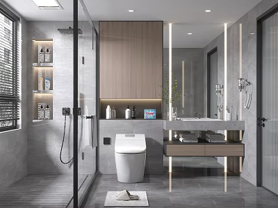 Modern Bathroom Interior With Glass Shower Wooden Cabinets Marble Countertop Smart Toilet And Mirror 3d model