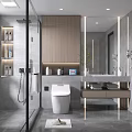 Modern Bathroom Interior With Glass Shower Wooden Cabinets Marble Countertop Smart Toilet And Mirror