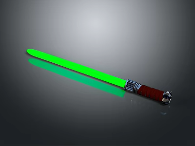 Glowing Green Lightsaber with Brown Hilt and Metal Accents on Gray Background with Reflection 3d model