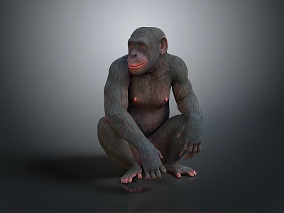 Realistic Chimpanzee Model Sitting Crouched With Detailed Features On Gray Background 3d model