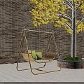 Natural Rattan Outdoor Swing Chair With Green Cushions In Garden By Yellow Leaf Tree