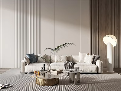 Modern Beige Sofa and Coffee Table Set With Multiple Pillows Green Plant and Floor Lamp 3d model