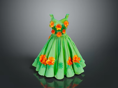 Green Floral Dress With Orange Flower Decorations And Flared Skirt 3d model