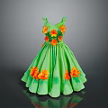 Green Floral Dress With Orange Flower Decorations And Flared Skirt