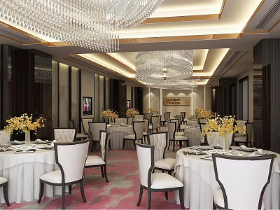 Luxurious Private Dining Room With Crystal Chandeliers Round Tables And Yellow Flower Vases 3d model