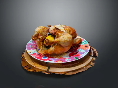 Golden Brown Roasted Chicken Stuffed with Lemon Served on Colorful Plate Wooden Tray 3d model