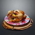 Golden Brown Roasted Chicken Stuffed with Lemon Served on Colorful Plate Wooden Tray