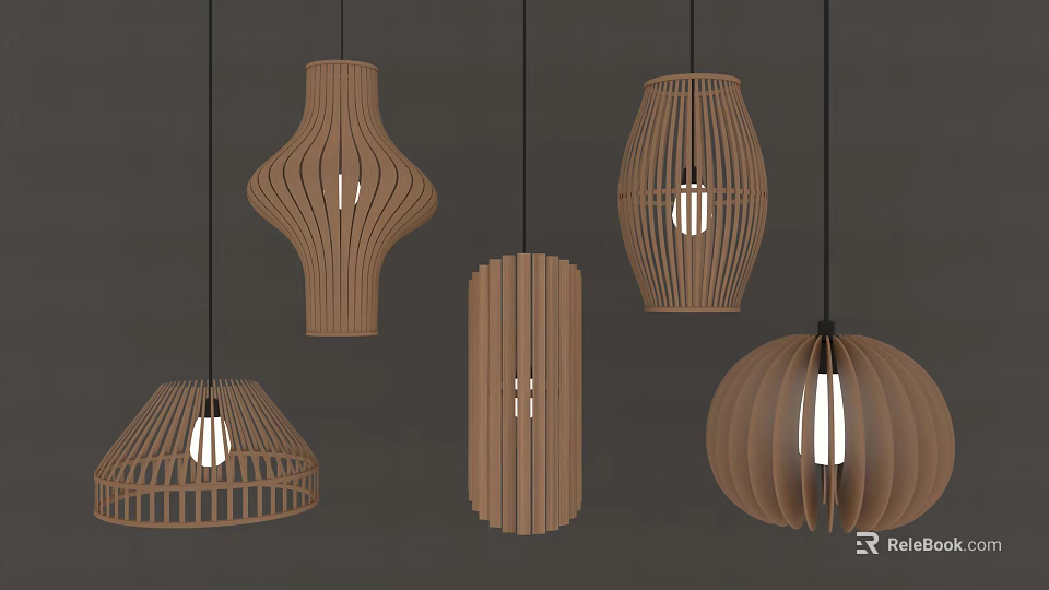 Modern Wooden Pendant Lights With Various Geometric Shapes For Home Interior Decor 3d model 
