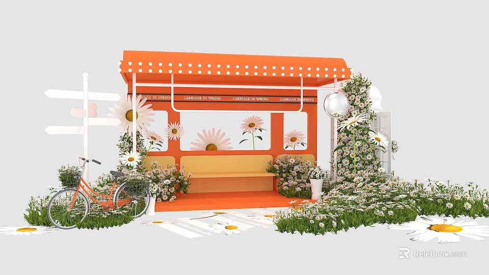 Orange Polka Dot Awning Outdoor Space With Daisies Bicycle Bench And Green Plants 3d model 