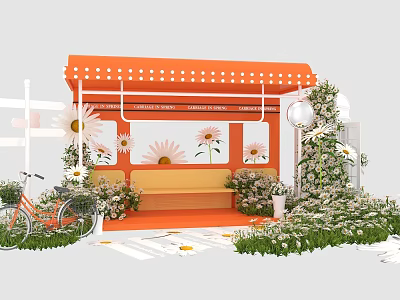 Orange Polka Dot Awning Outdoor Space With Daisies Bicycle Bench And Green Plants 3d model