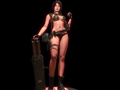 A Woman In Green And Black Outfit Holding Device Standing Against Black Background 3d model